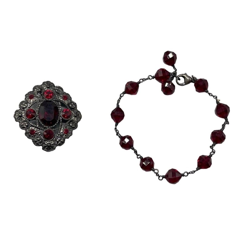 Costume Jewelry Pin brooch red stones bracelet set in metal 1 1/2" long READ